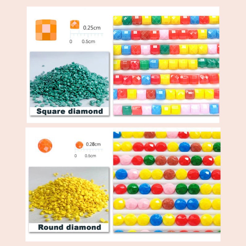 May include: Close-up of two types of diamond painting drills. The top image shows square drills, measuring 0.25 inches by 0.25 inches. The bottom image shows round drills, measuring 0.28 inches by 0.28 inches. Both images show a variety of colors.