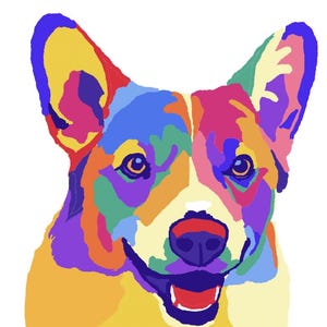 May include: A colorful pop art style illustration of a Corgi dog. The dog's face is rendered in a vibrant palette of blues, purples, yellows, oranges, and reds, with a white background. The dog is smiling.