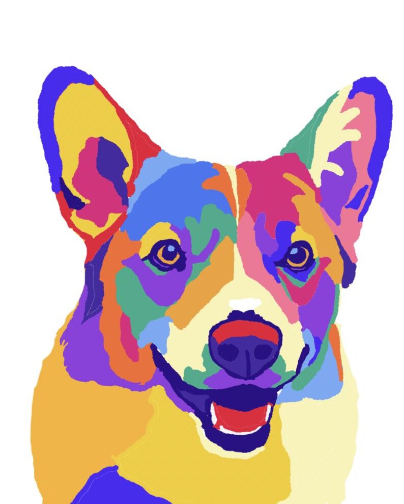 May include: A colorful pop art style illustration of a Corgi dog. The dog's face is rendered in a vibrant palette of blues, purples, yellows, oranges, and reds, with a white background. The dog is smiling.