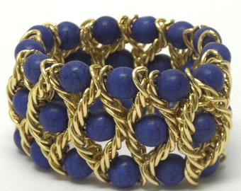 Blue and gold natural stone beaded stretch bracelet