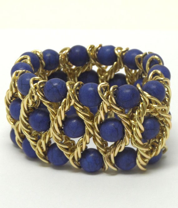 Blue and gold natural stone beaded stretch bracele