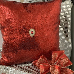 Red Designer Sequins Jeweled Throw Pillow Lounge Cafe Decor 16x16
