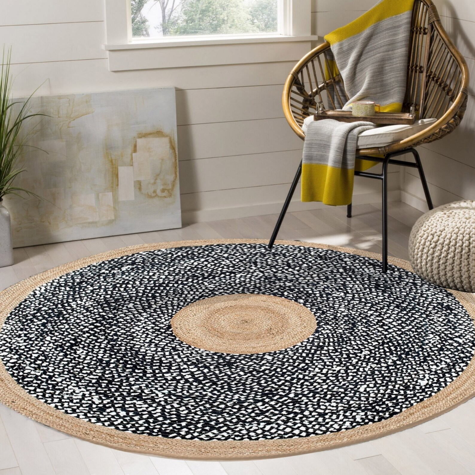 Hand Braded Round Jute / Black White Patterned Jute Rug / Boho Etsy