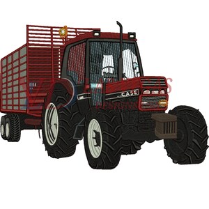 Large back logo embroidery digitizing of Case tractor with trailer, custom digitize design for jacket embroidery, detailed image digitizing, and professional logo digitizing artwork by Las Vegas Designs USA.