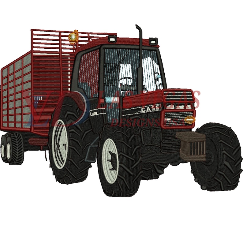 Large back logo embroidery digitizing of Case tractor with trailer, custom digitize design for jacket embroidery, detailed image digitizing, and professional logo digitizing artwork by Las Vegas Designs USA.
