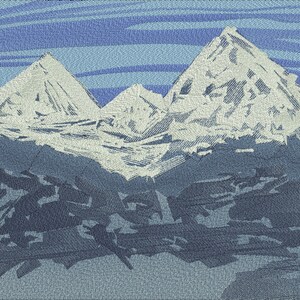 Massive mountain landscape embroidery artwork digitized for logo design, image digitizing, and custom back logo embroidery projects, showcasing detailed thread shading and professional digitize work.