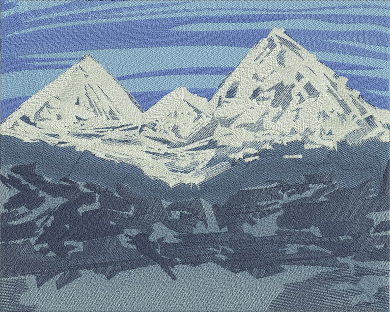Massive mountain landscape embroidery artwork digitized for logo design, image digitizing, and custom back logo embroidery projects, showcasing detailed thread shading and professional digitize work.