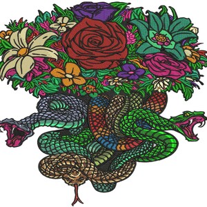 Colorful snake and flower artwork created for embroidery logo digitizing, image digitizing, and back logo digitizing. Intricate floral and serpent design perfect for detailed logo digitize and high-quality embroidery digitizing artwork.