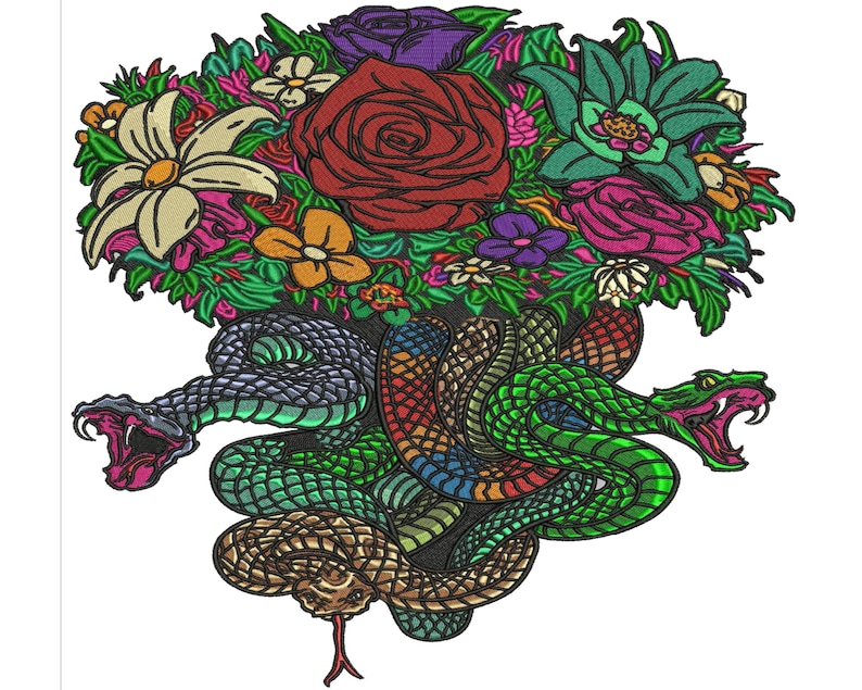 Colorful snake and flower artwork created for embroidery logo digitizing, image digitizing, and back logo digitizing. Intricate floral and serpent design perfect for detailed logo digitize and high-quality embroidery digitizing artwork.