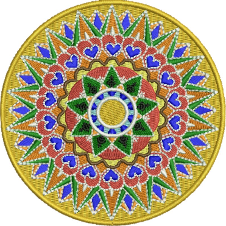 Colorful mandala-style left chest embroidery logo digitized with precise detailing, custom design for logo digitizing, image digitize artwork, and professional embroidery digitizing by Las Vegas Designs USA.