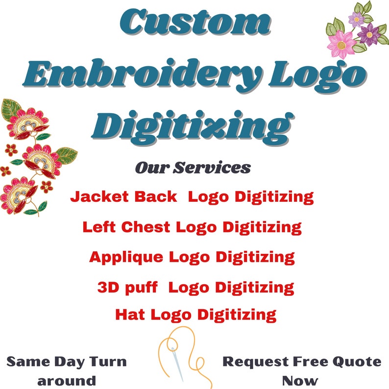 For custom embroidery digitizing services, we specialize in digitizing various logos, including left chest logos, hat logos, image digitizing, pet logos, jacket back logos, and more. We offer top-notch digitizing services in formats such as PES, DST