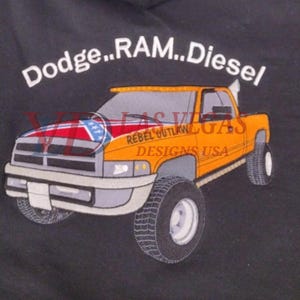 Custom Dodge Ram Diesel truck embroidery logo digitized artwork, featuring Rebel Outlaw pickup design for vehicle logo digitizing, back logo embroidery, and image digitize projects by Las Vegas Designs USA.