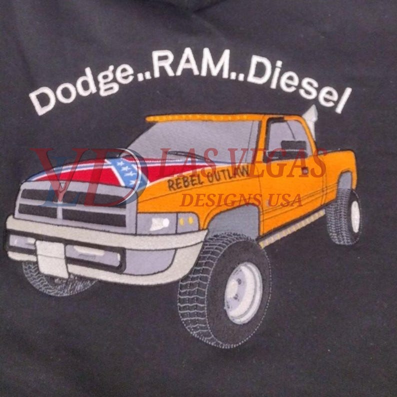 Custom Dodge Ram Diesel truck embroidery logo digitized artwork, featuring Rebel Outlaw pickup design for vehicle logo digitizing, back logo embroidery, and image digitize projects by Las Vegas Designs USA.