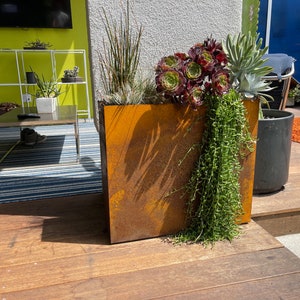 May include: A rusty metal planter with a variety of succulents and green plants. The planter is sitting on a wooden deck.