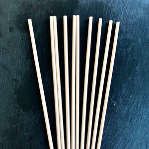 May include: A set of ten natural wooden skewers, arranged in a fan shape against a dark background.