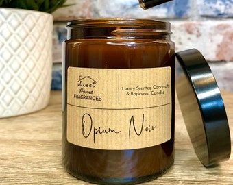 Opium Noir Perfume Candle | 35hr Highly Scented Luxury Coconut & Rapeseed Wax Candle in Amber Glass Jar. Handmade Candle Gift for Her or Him