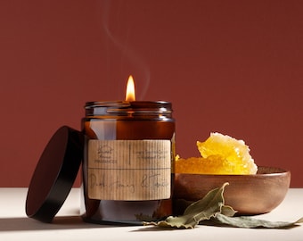 Dark Honey & Tobacco Candle Gift | 35hr Burn Luxury Eco Friendly Coconut Wax Candle in Amber Glass Jar | Room Perfume Gift for Him or Her