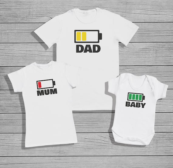 Dad, Mum and Baby Battery Design -  Create your own Men's T-Shirt and Baby Bodysuit - SOLD SEPERATELY. Father Mother and Baby Match