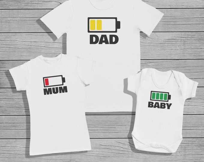 Dad, Mum and Baby Battery Design -  Create your own Men's T-Shirt and Baby Bodysuit - SOLD SEPERATELY. Father Mother and Baby Match