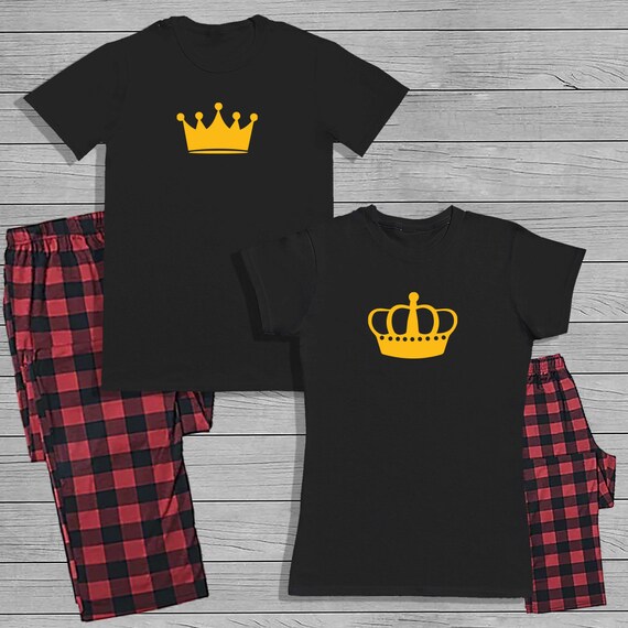 King & Queen Crowns Matching His and Hers Pyjama Set with T-shirt and Bottoms - Couple Matching - Valentines Gift - His and Hers - Wedding -