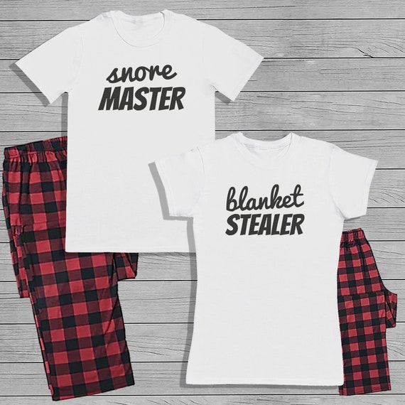Snore Master & Blanket Stealer Matching His and Hers Pyjama Set with T-shirt and Bottoms - Couple Matching - His and Hers - Valentines Day
