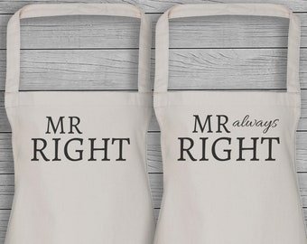 Mr Right & Mr Always Right Matching Adult Apron Set - Beige - Couples, Kitchen Gift, Printed Apron, Wedding Gifts, Anniversary Gifts, Gift