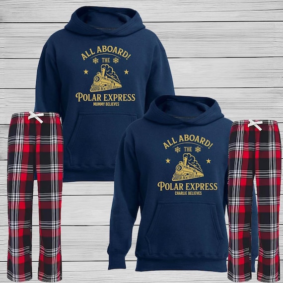 Personalised Polar Express Christmas Hoodie & Pyjama Bottoms – Matching Family Christmas Outfits – Cosy Festive Jumper for All Ages