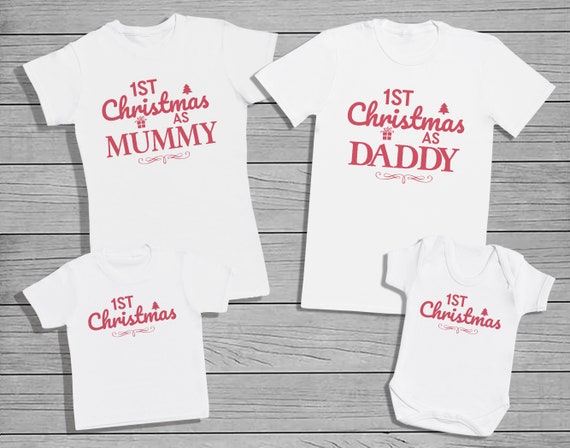 1st Christmas as Mummy, Daddy and 1st Christmas T-Shirt or Baby Bodysuit. Mens, Womens and Baby. Each Sold Separately.