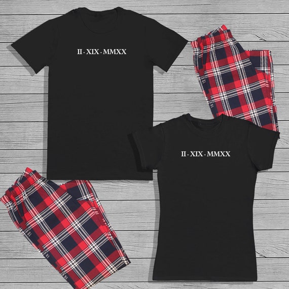 PERSONALISED Roman Numerals Special Date - Matching His and Hers Pyjama Set with T-shirt and Bottoms - Couple Matching - Valentines- Gifts