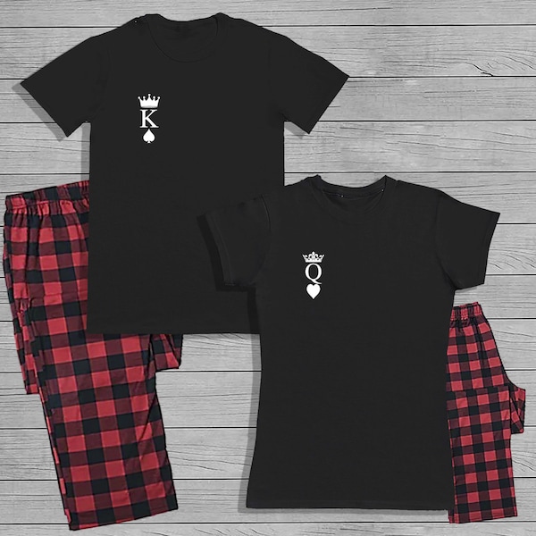 King of Spades & Queen of Hearts Pocket Matching His and Hers Pyjama Set with T-shirt and Bottoms - Couple Matching - Valentines- Gifts