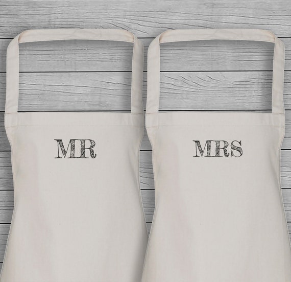 Mr & Mrs Matching Adult Apron Set - Beige - Couples, Kitchen Gift, Printed Apron, Wedding Gifts, Anniversary Gifts, Gift