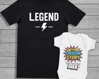 The Origin Story - romper matchend met T-shirtset - babycadeau, romper, kledingset, bijpassende top vader en baby, cadeau nieuwe vader