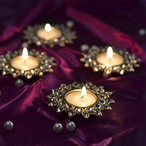 Silver Diya Terracotta Set of 4 Handmade Tealight Holder Swastika Center Red Golden Home Decor Diwali Wedding Decor housewarming gift puja