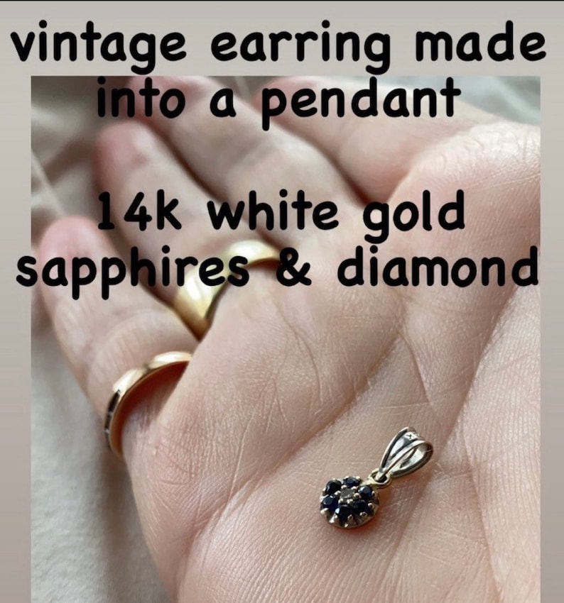 sapphire and diamond earring converted to a charm from the 1950\u2019s. Vintage 14k white gold