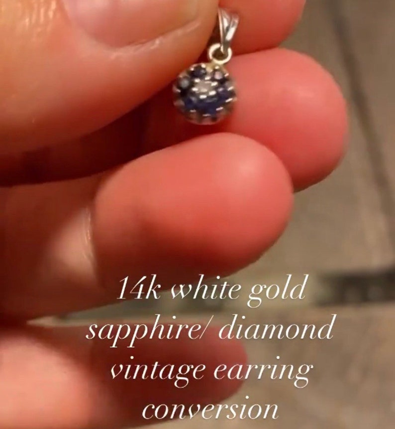 sapphire and diamond earring converted to a charm from the 1950\u2019s. Vintage 14k white gold