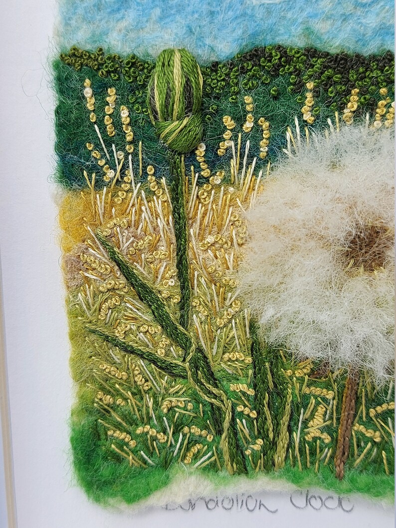 Dandelion Clock felted wool and embroidery art framed wall textile art image 5