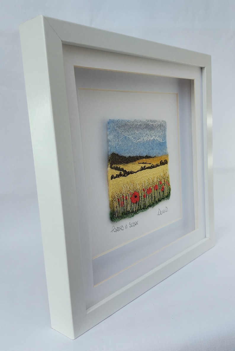 Poppies in Sussex felted wool and embroidery art framed South Downs landscape mixed media picture