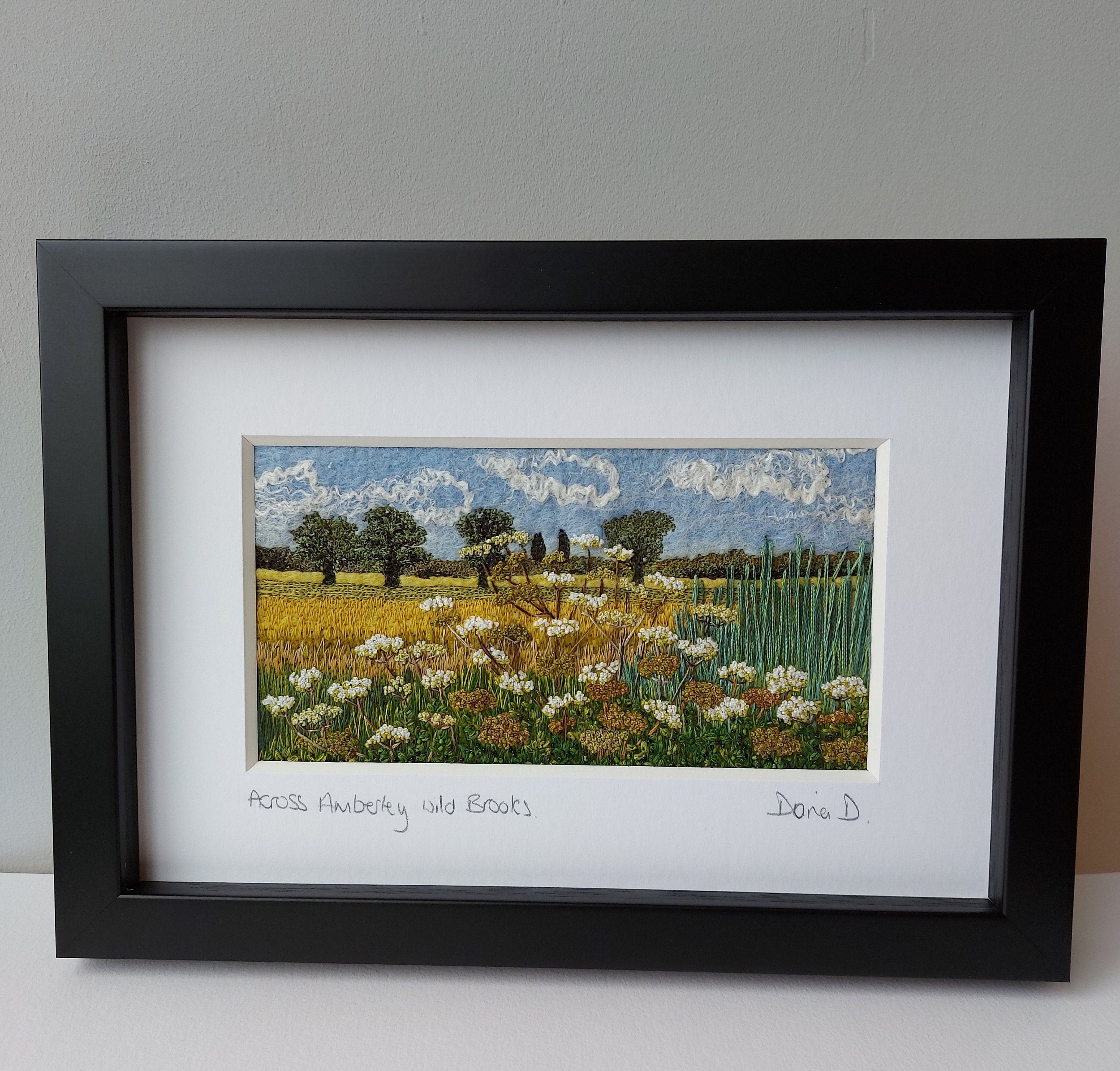 Across Amberley Wild Brooks - felted wool and embroidery art - framed wall textile art