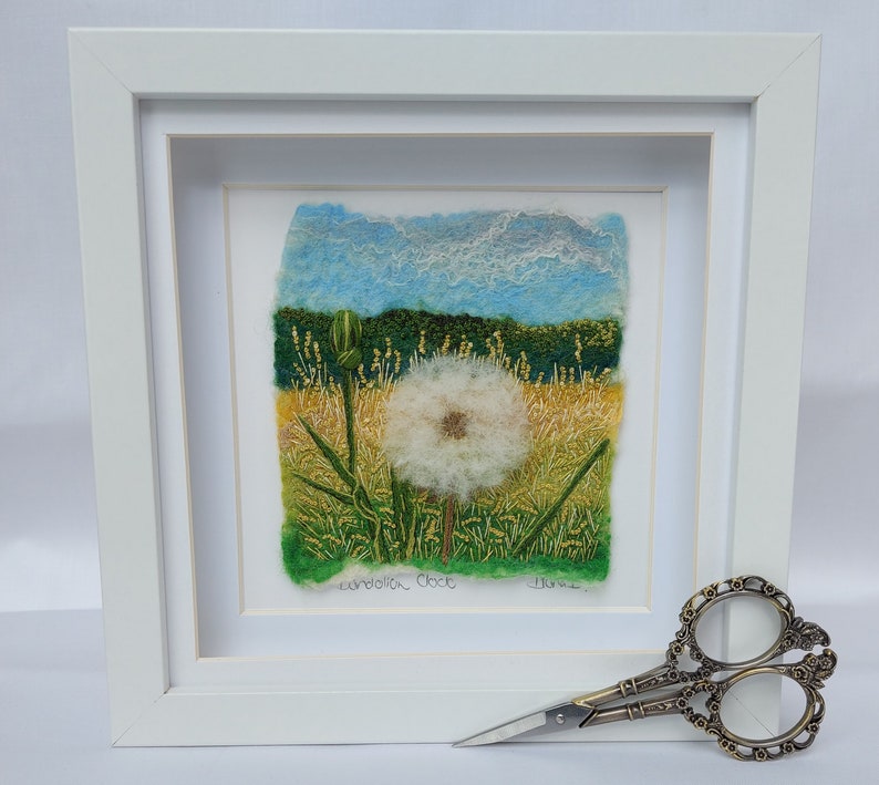 Dandelion Clock felted wool and embroidery art framed wall textile art image 6