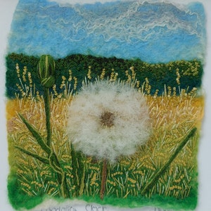 Dandelion Clock felted wool and embroidery art framed wall textile art image 1