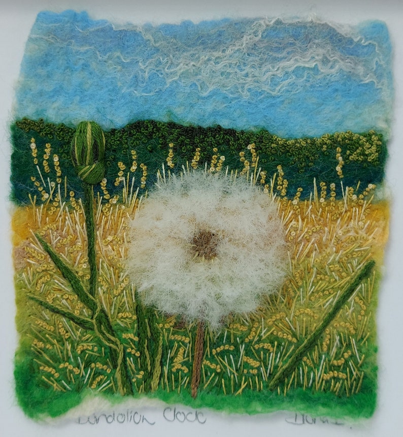 Dandelion Clock felted wool and embroidery art framed wall textile art image 1