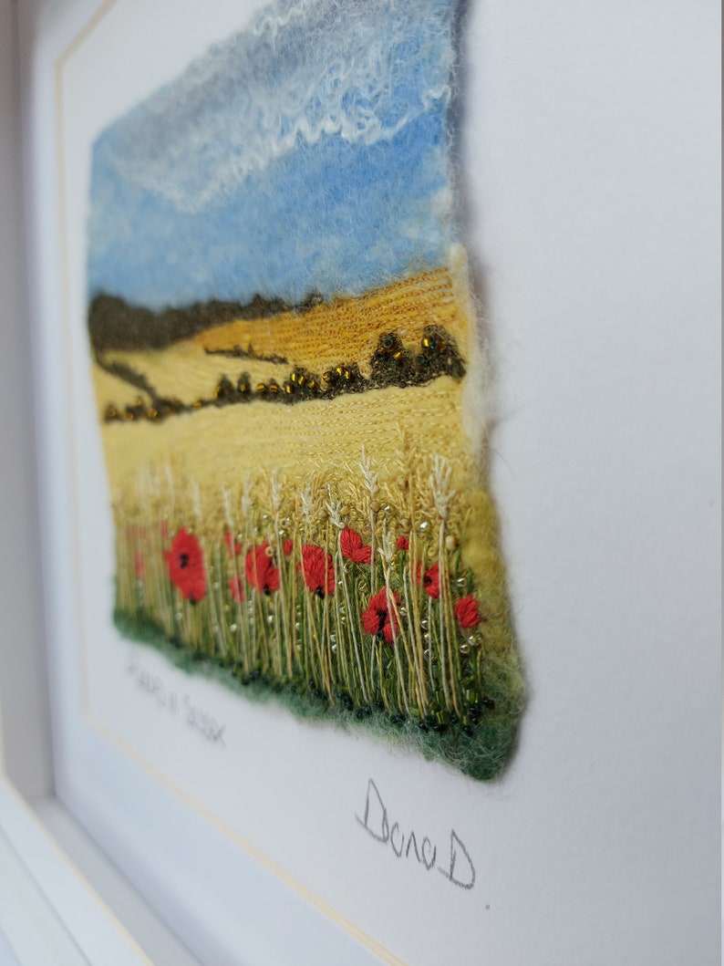 Poppies in Sussex felted wool and embroidery art framed South Downs landscape mixed media picture