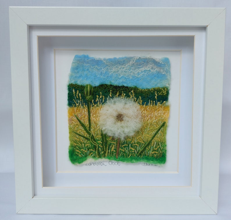 Dandelion Clock felted wool and embroidery art framed wall textile art image 2