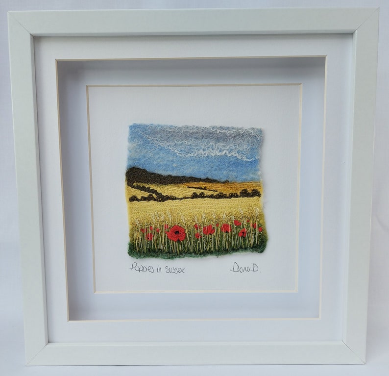 Poppies in Sussex felted wool and embroidery art framed South Downs landscape mixed media picture