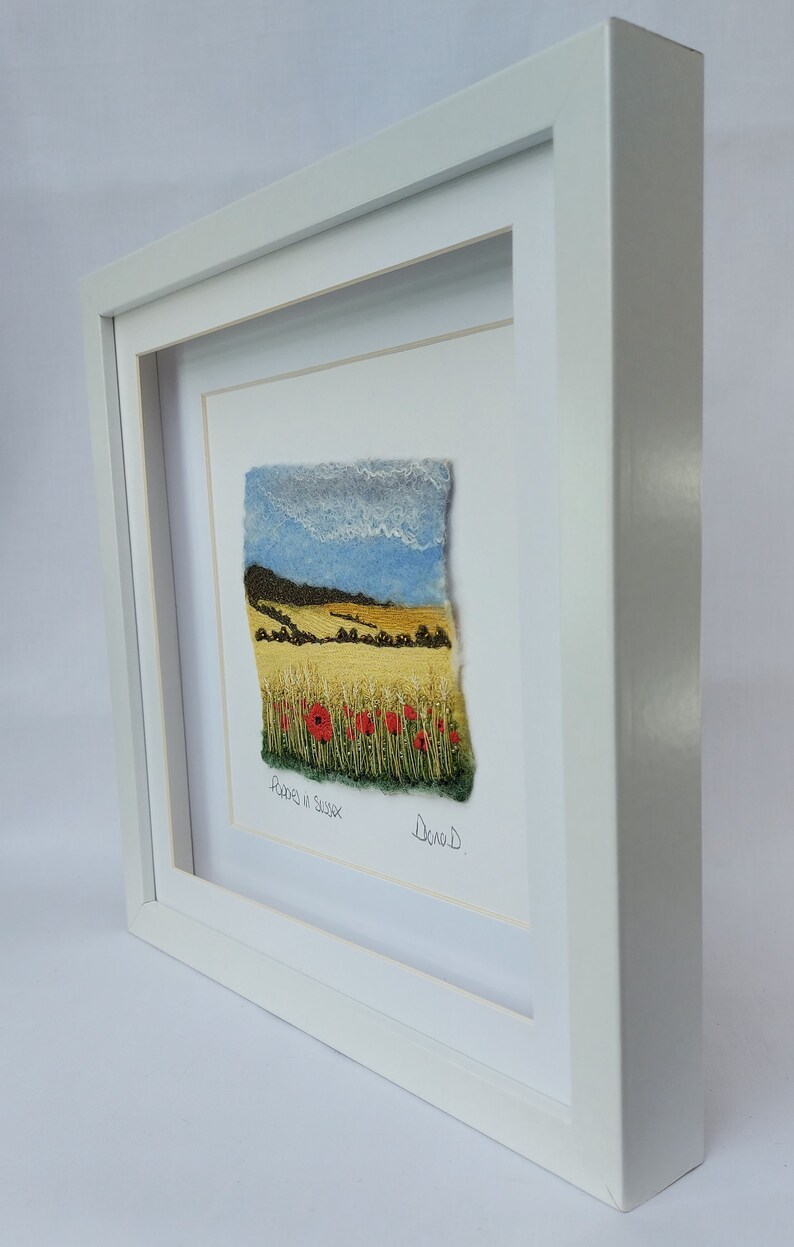 Poppies in Sussex felted wool and embroidery art framed South Downs landscape mixed media picture