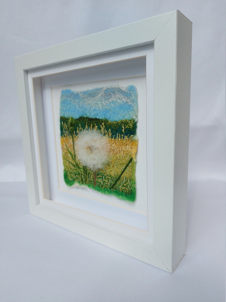 Dandelion Clock felted wool and embroidery art framed wall textile art image 3