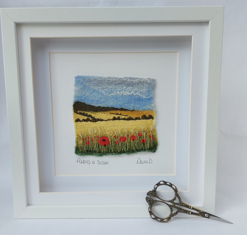 Poppies in Sussex felted wool and embroidery art framed South Downs landscape mixed media picture