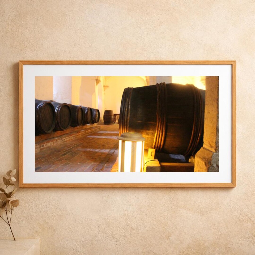 Rustic Wine Cellar Print: Barrel Room Photography, Warm Moody ...