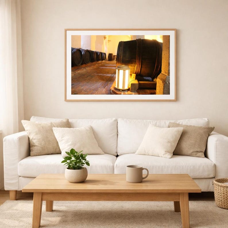 Rustic Wine Cellar Print: Barrel Room Photography, Warm Moody ...