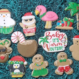 Christmas in July cookies, summer party cookies, Christmas beach party cookies, Holiday Santa sugar cookies, palm tree, reindeer cookies,